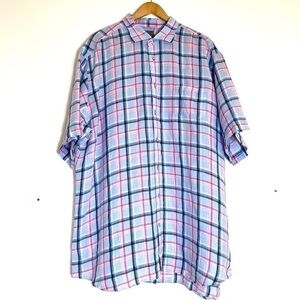 Thomas Dean  100% Linen Shirt Blue Pink Plaid Short Sleeve Size XXL